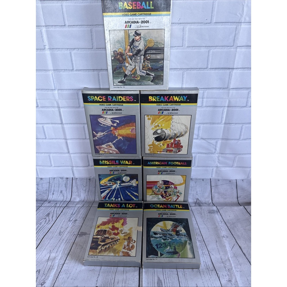 Emerson Arcadia 2001 Boxed Video Game Lot Space Raiders Baseball 7 Games 1982